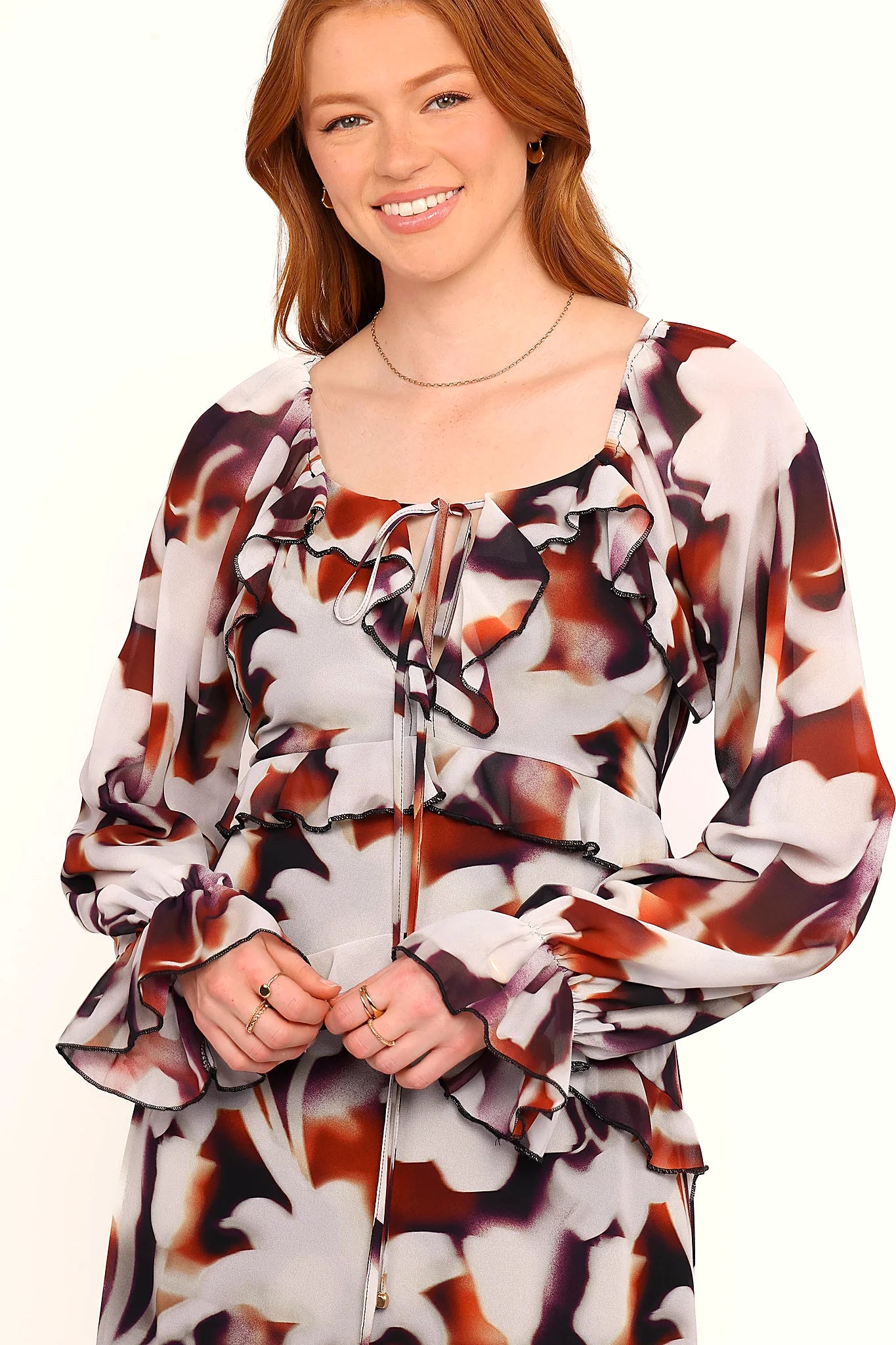 Blurred floral print maxi dress with elasticised v neckline