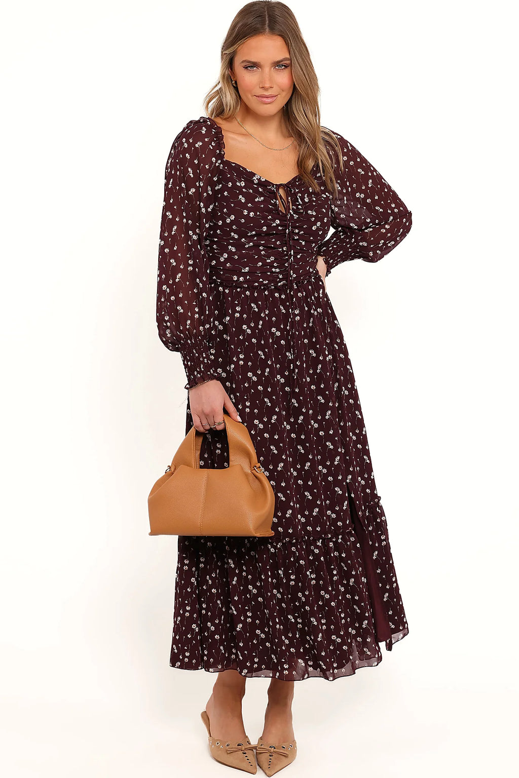 Floral maxi dress with a square or off shoulder neckline