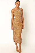 Gold sequin one shoulder midi dress in velvet