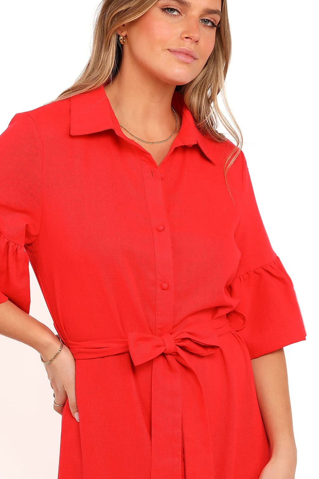 Red collared midi shirt dress with functional front buttons