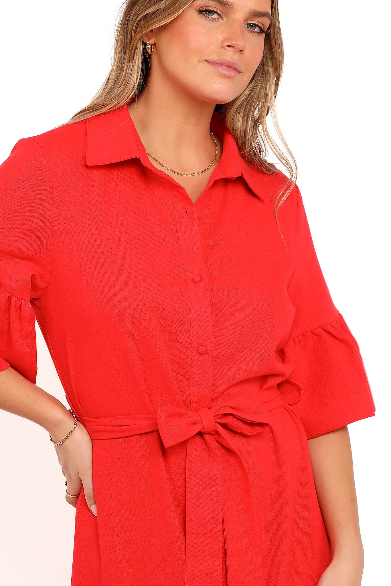 Red collared midi shirt dress with functional front buttons