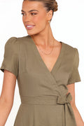 Olive faux wrap midi dress with v overlay neckline