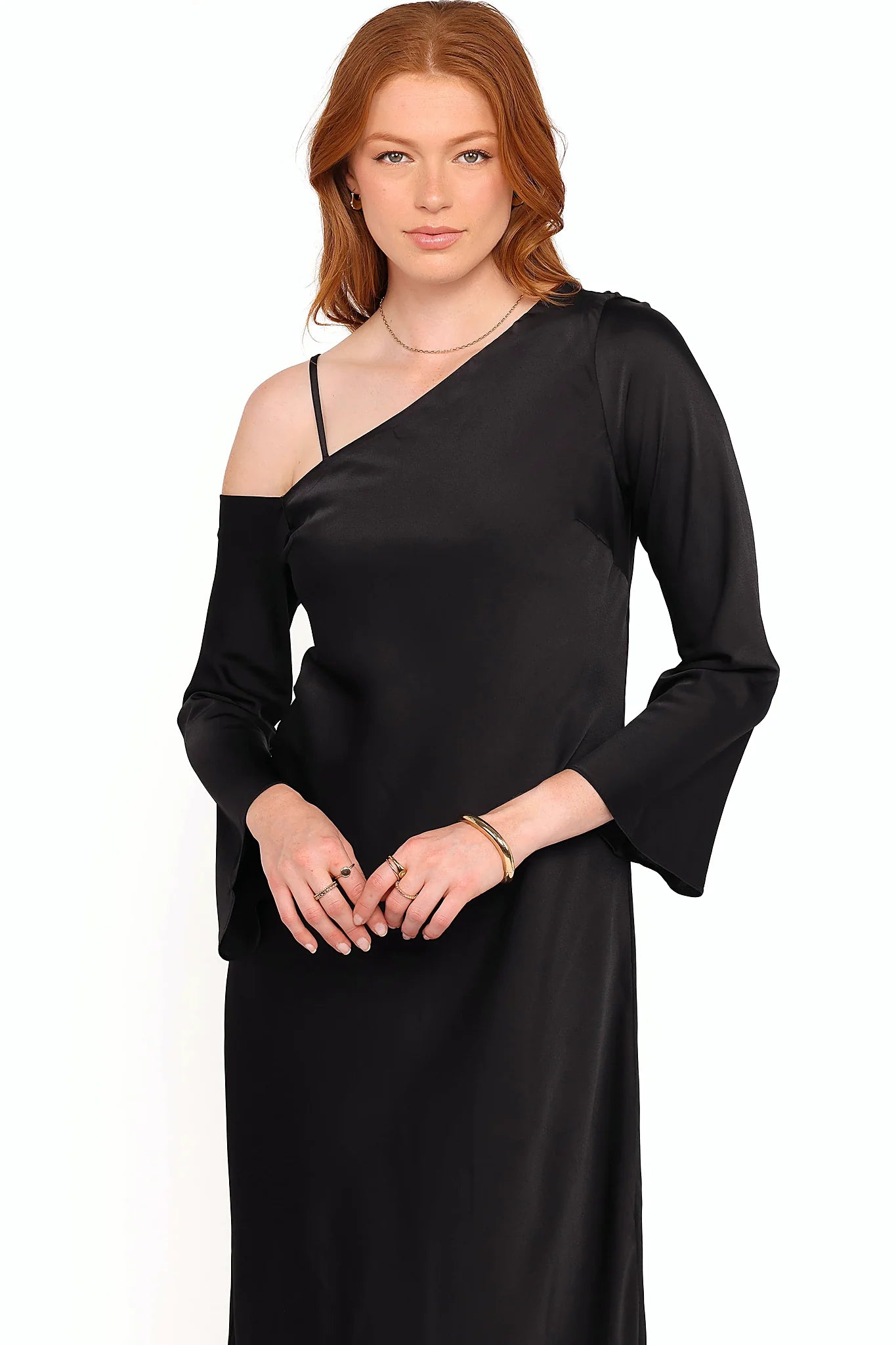 Black off shoulder satin maxi dress with asymmetrical neckline