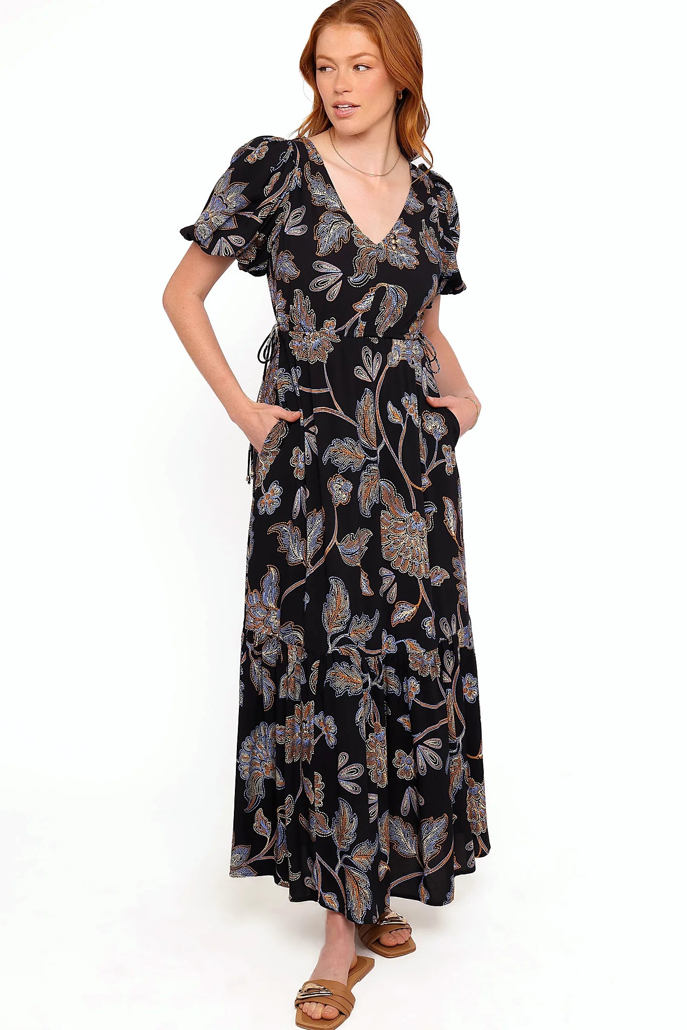 Drawstring tie waistband on a black floral rayon maxi dress
