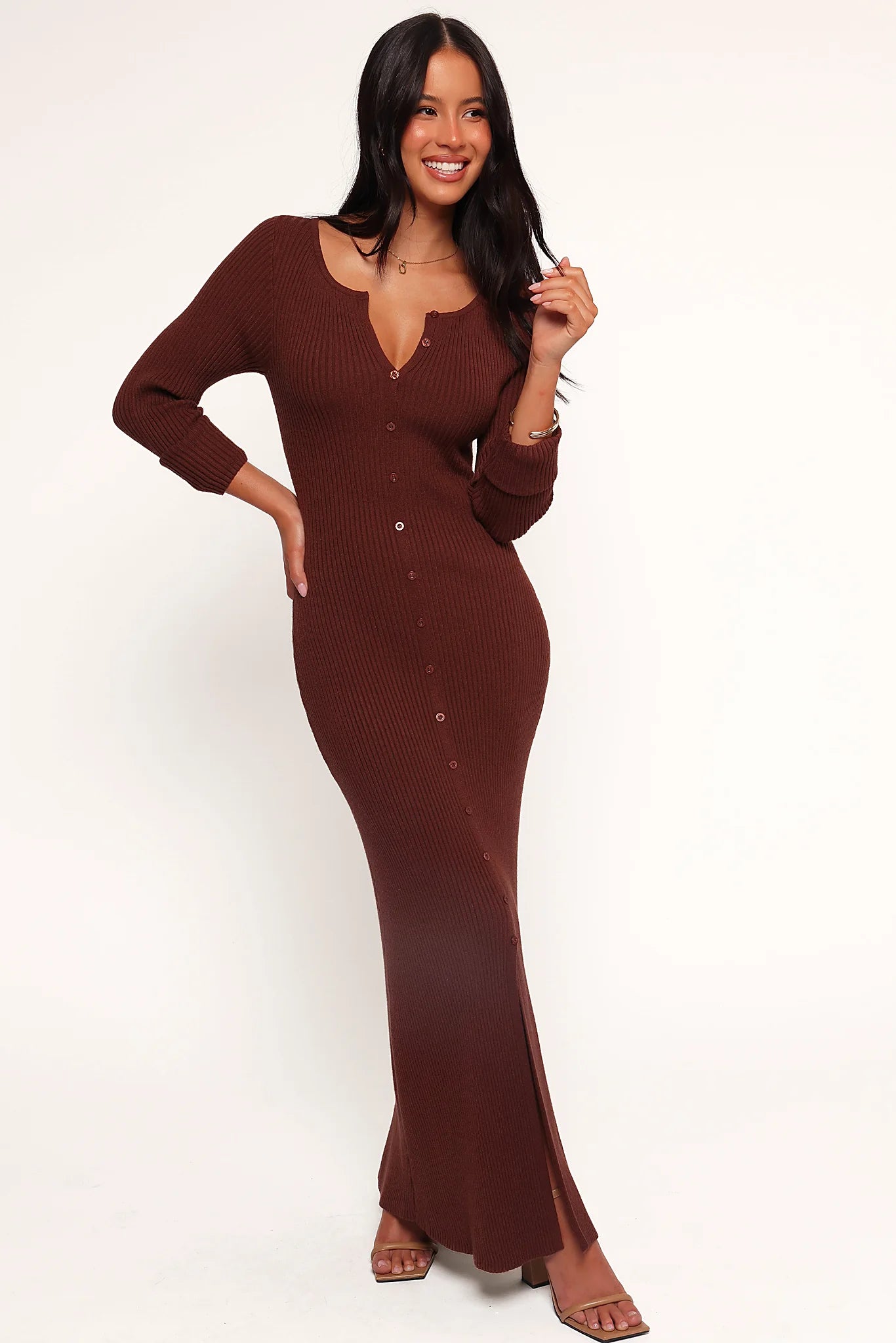 Marshall Button Through Knit Maxi Dress - Chocolate