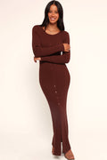 Chocolate ribbed knit maxi dress with buttons down the front