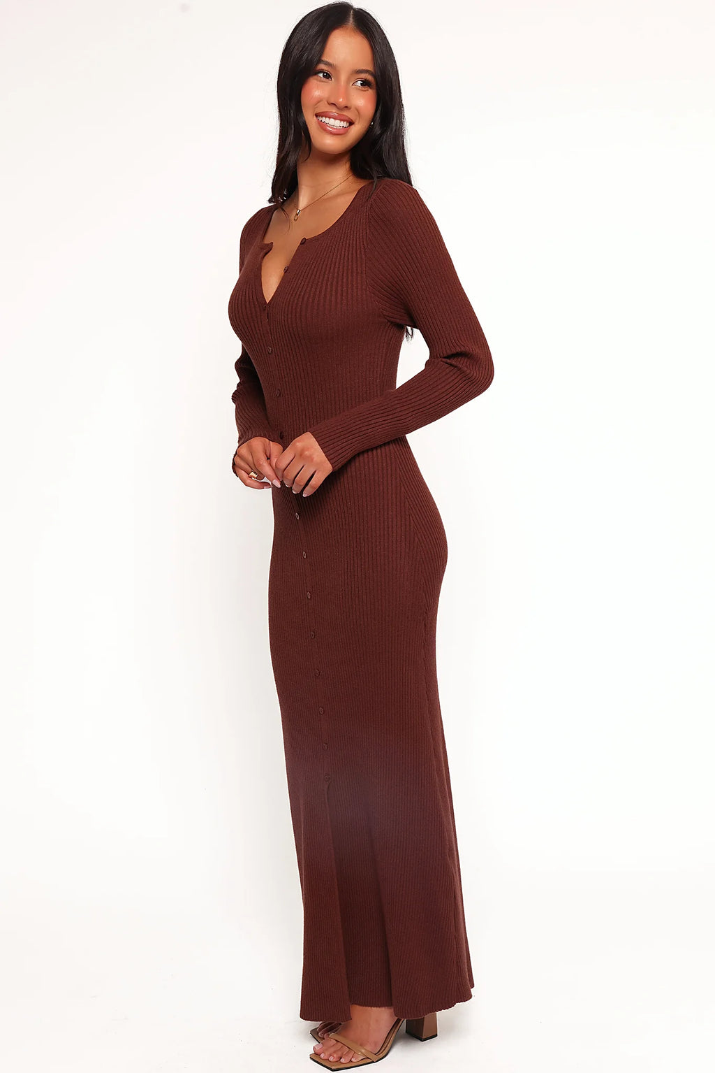 Front split hem on a brown bodycon knit maxi dress