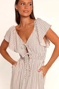 Cherry red stripe maxi dress with v neckline and tie close bust