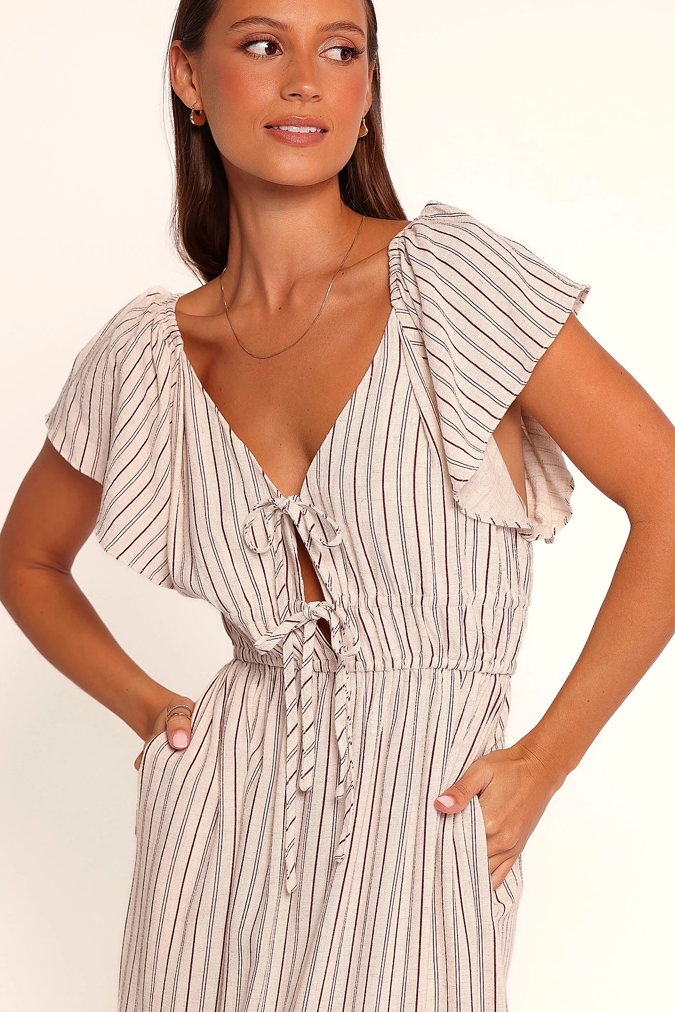 Cherry red stripe maxi dress with v neckline and tie close bust