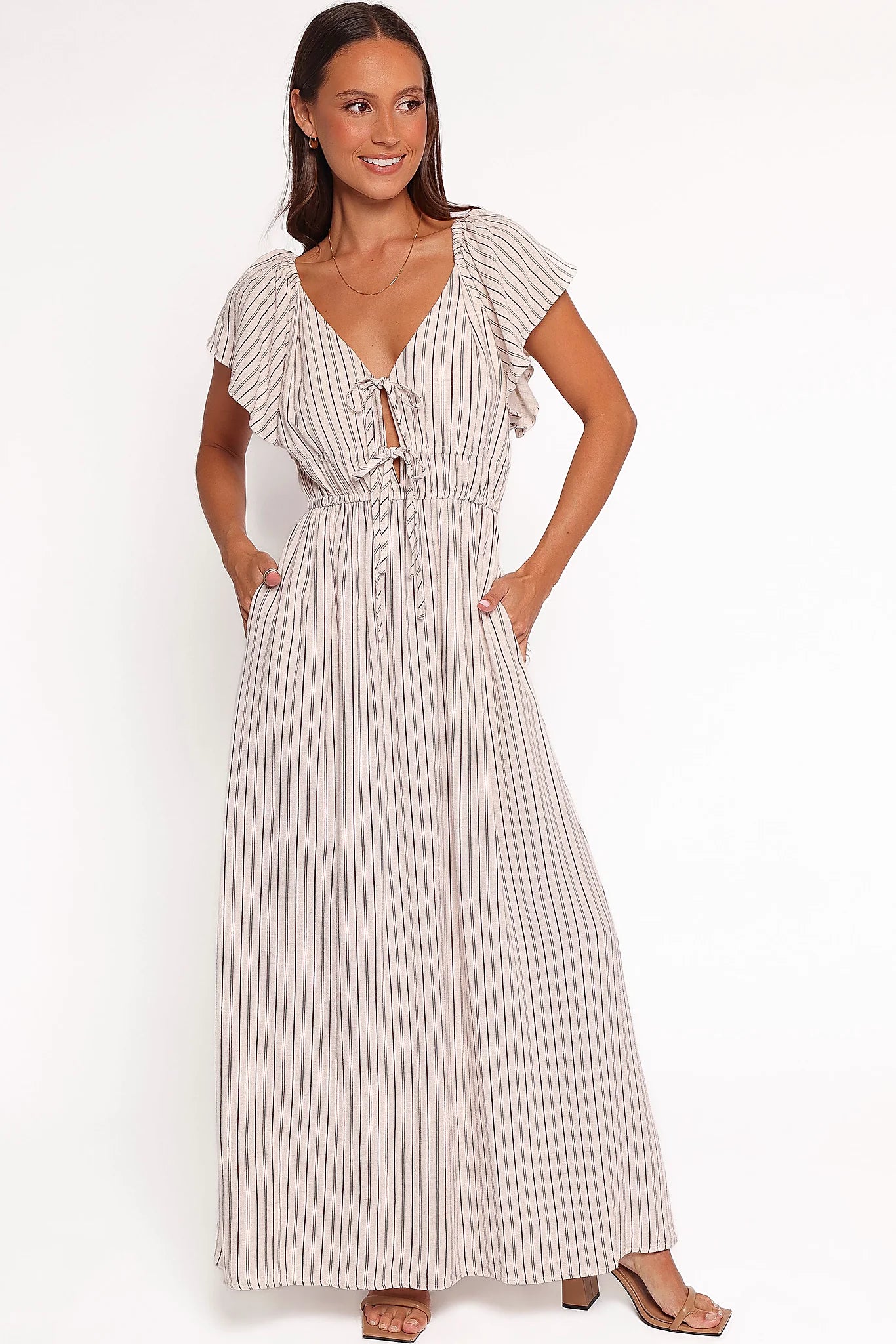 Short sleeve striped maxi dress with an elasticised waistline