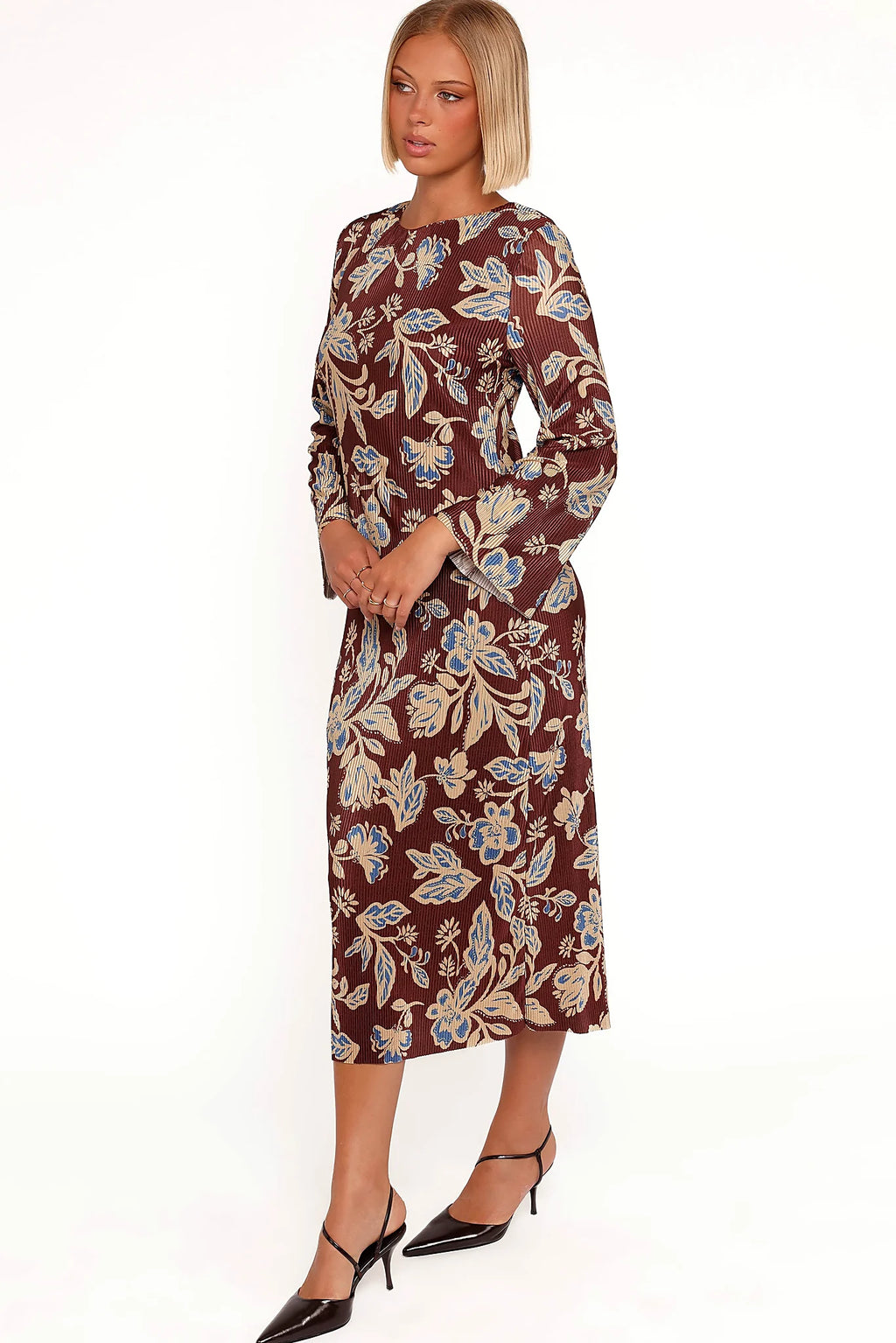Morena Long Sleeve Midi Dress - Brown Floral