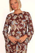 Brown floral plisse satin midi dress with round neckline
