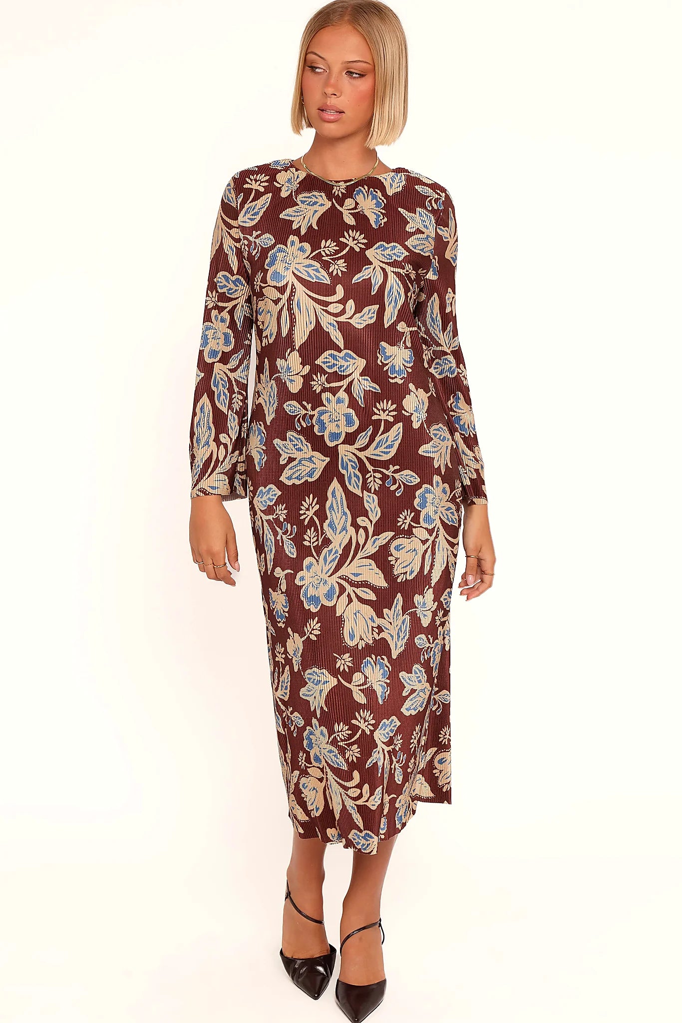 Morena Long Sleeve Midi Dress - Brown Floral