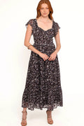 Brown and blue floral maxi dress with sweetheart neckline
