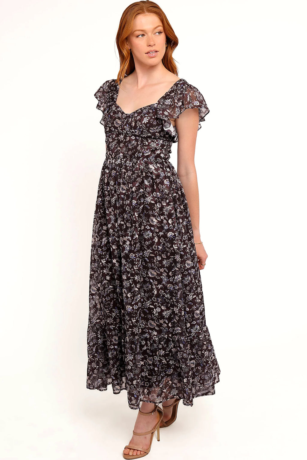 Short ruffle sleeves and a-line skirt on a floral maxi dress