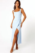 Blue faux wrap maxi dress with square neckline
