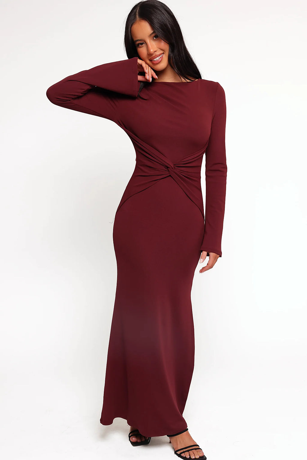 Deep red ribbed knit midi dress with high round neckline