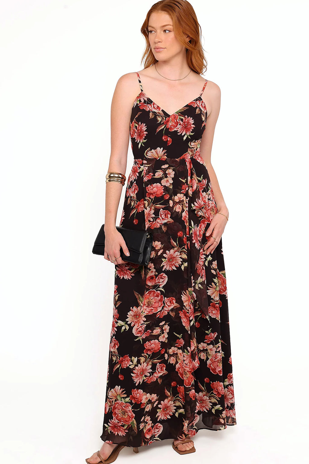 Black floral maxi dress with faux wrap overlay