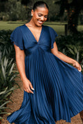 Navy midi dress with v neckline and short flutter sleeves
