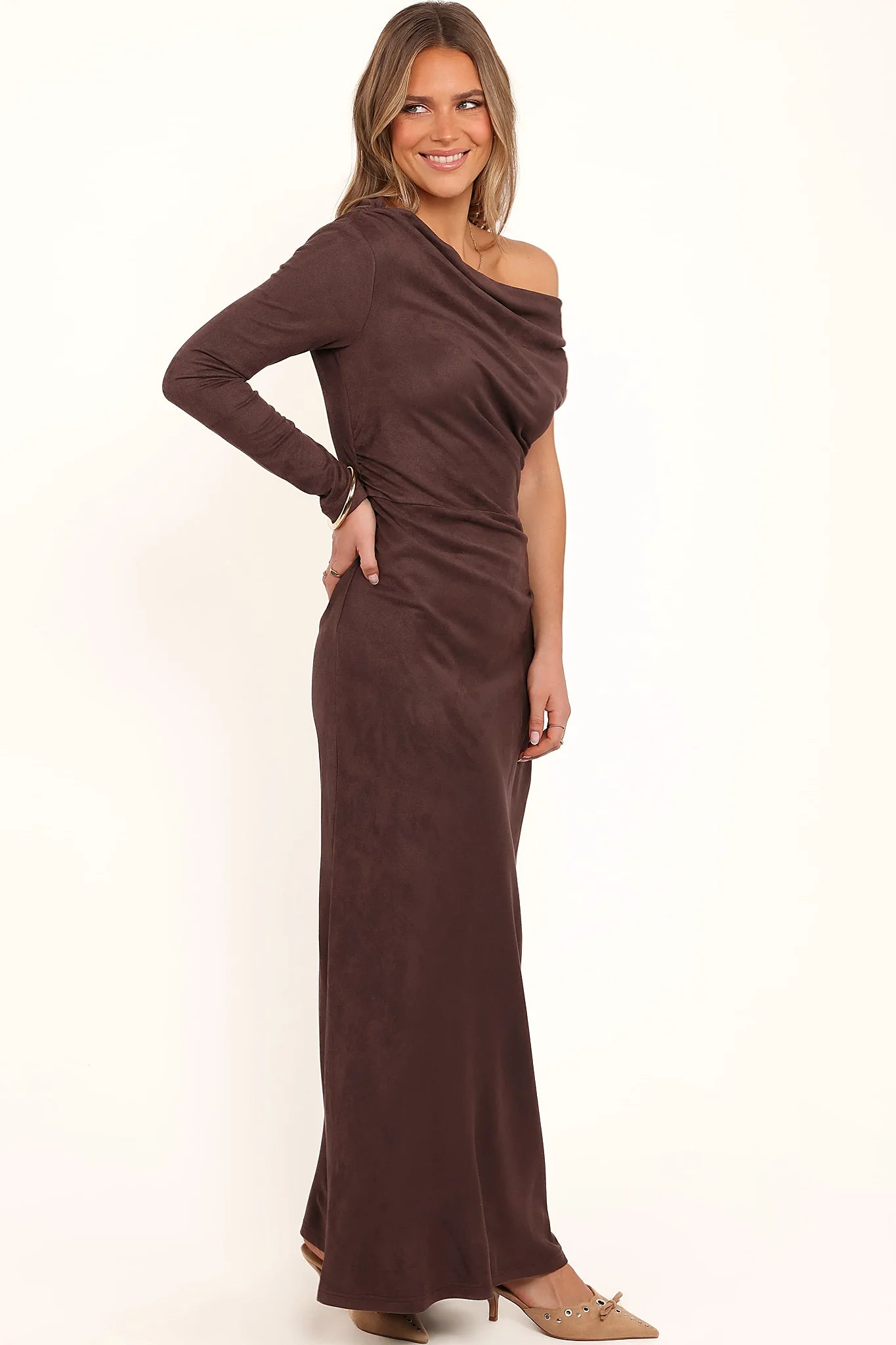 Olympia Off Shoulder Maxi Dress - Chocolate