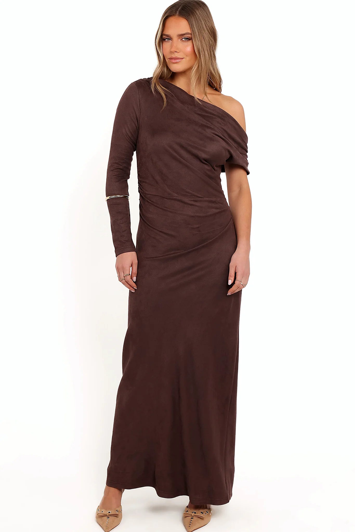 Olympia Off Shoulder Maxi Dress - Chocolate