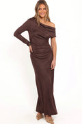Chocolate faux suede one shoulder maxi dress