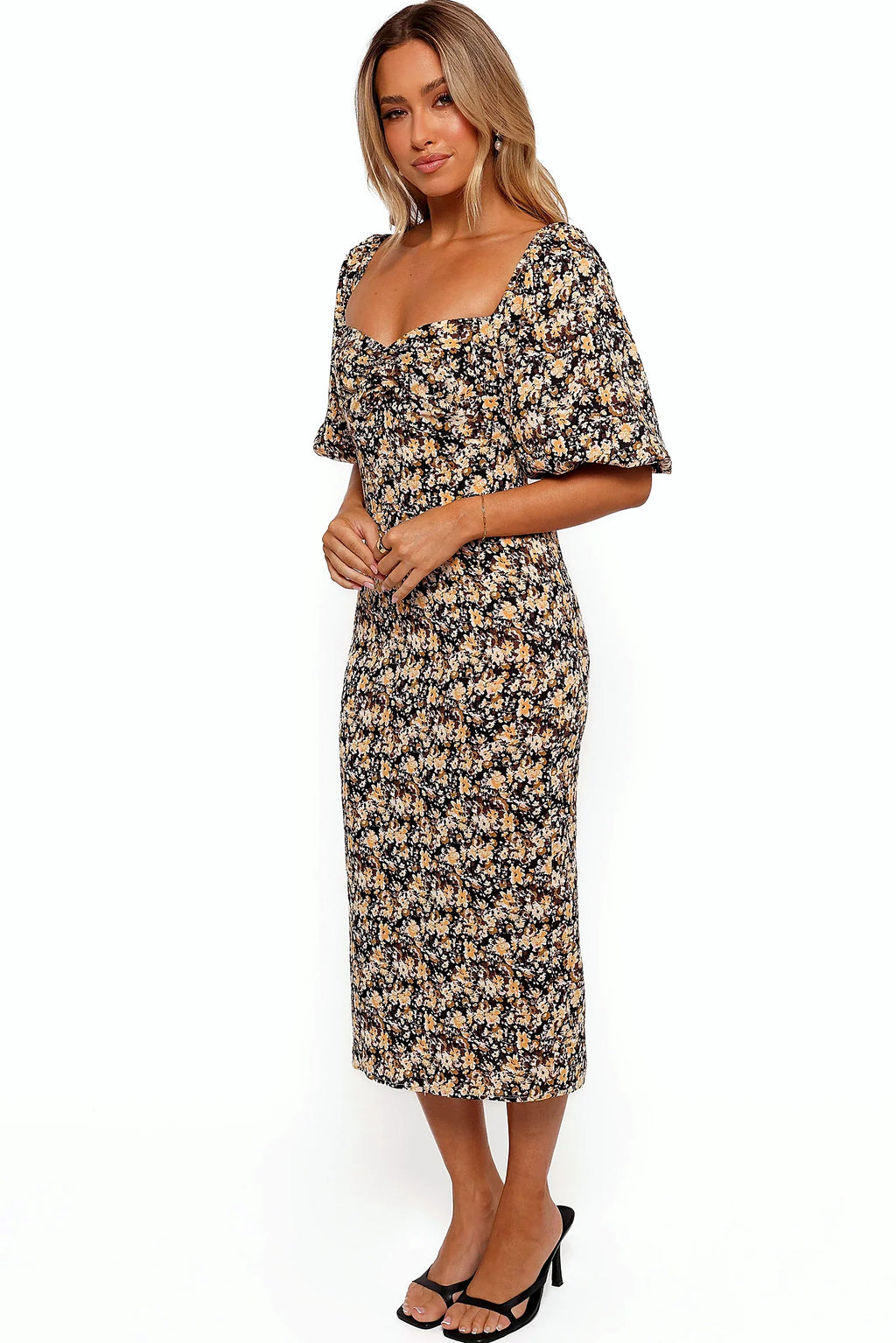 Oona Midi Dress - Black Ditsy Floral
