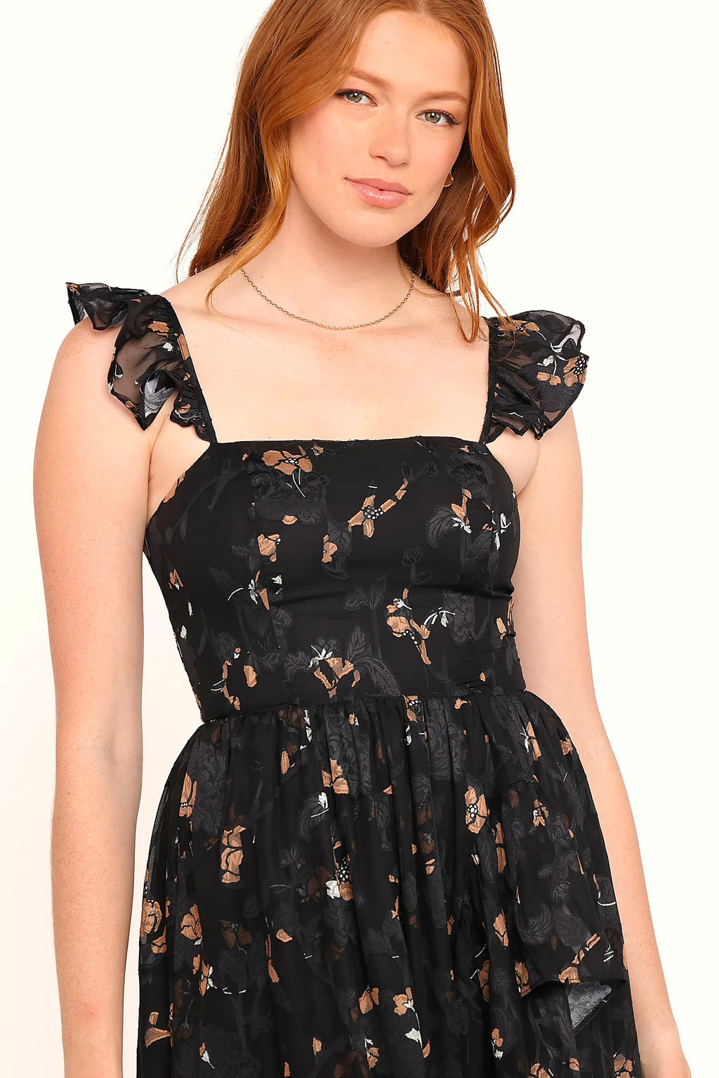 Black and beige floral maxi dress with square neckline