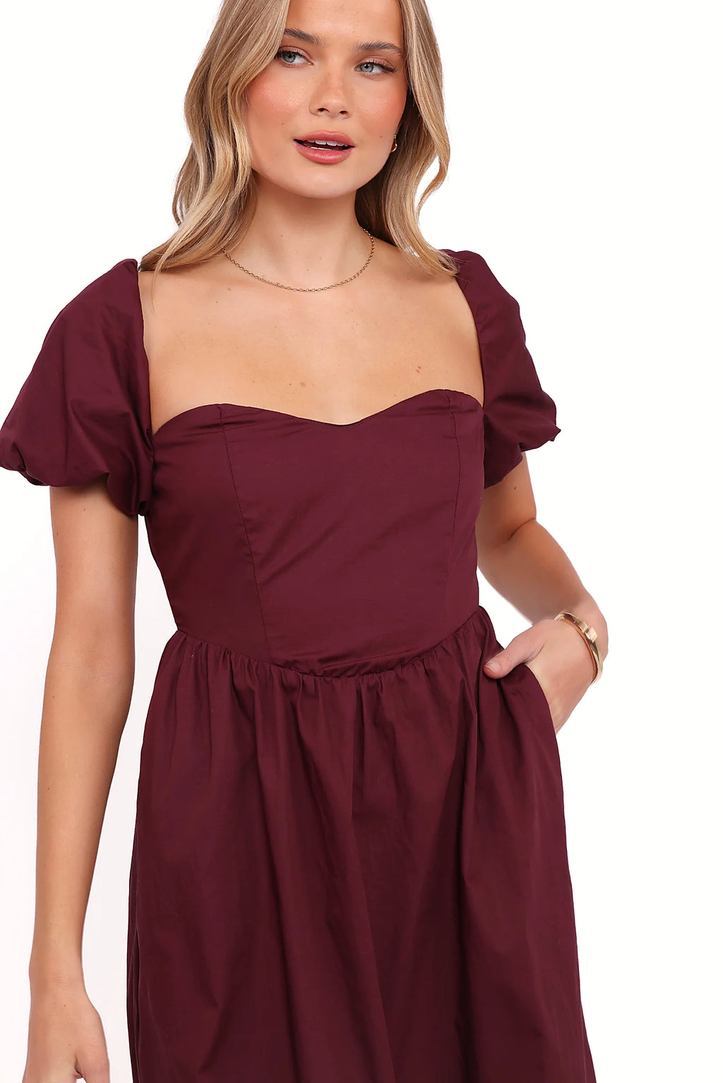 Cherry red midi dress with sweetheart neckline and short sleeves