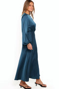 Teal satin midi dress with a boat neckline