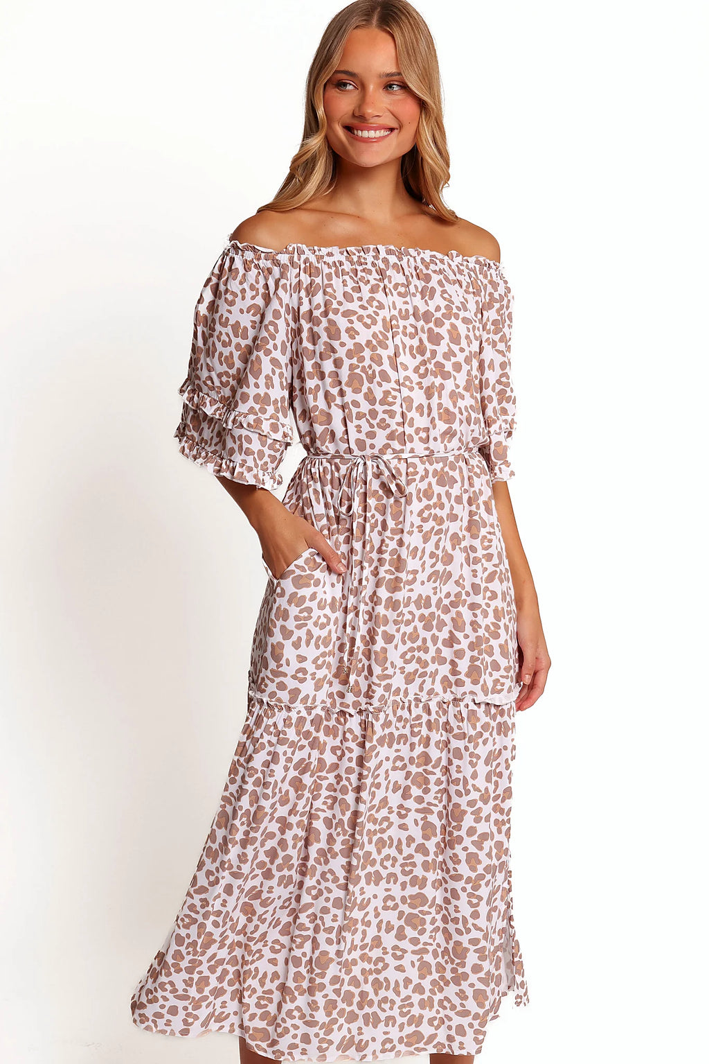 Belt loops, waist tie and functional pockets on a leopard print maxi dress
