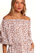 White leopard print off shoulder maxi dress with long relaxed sleeves