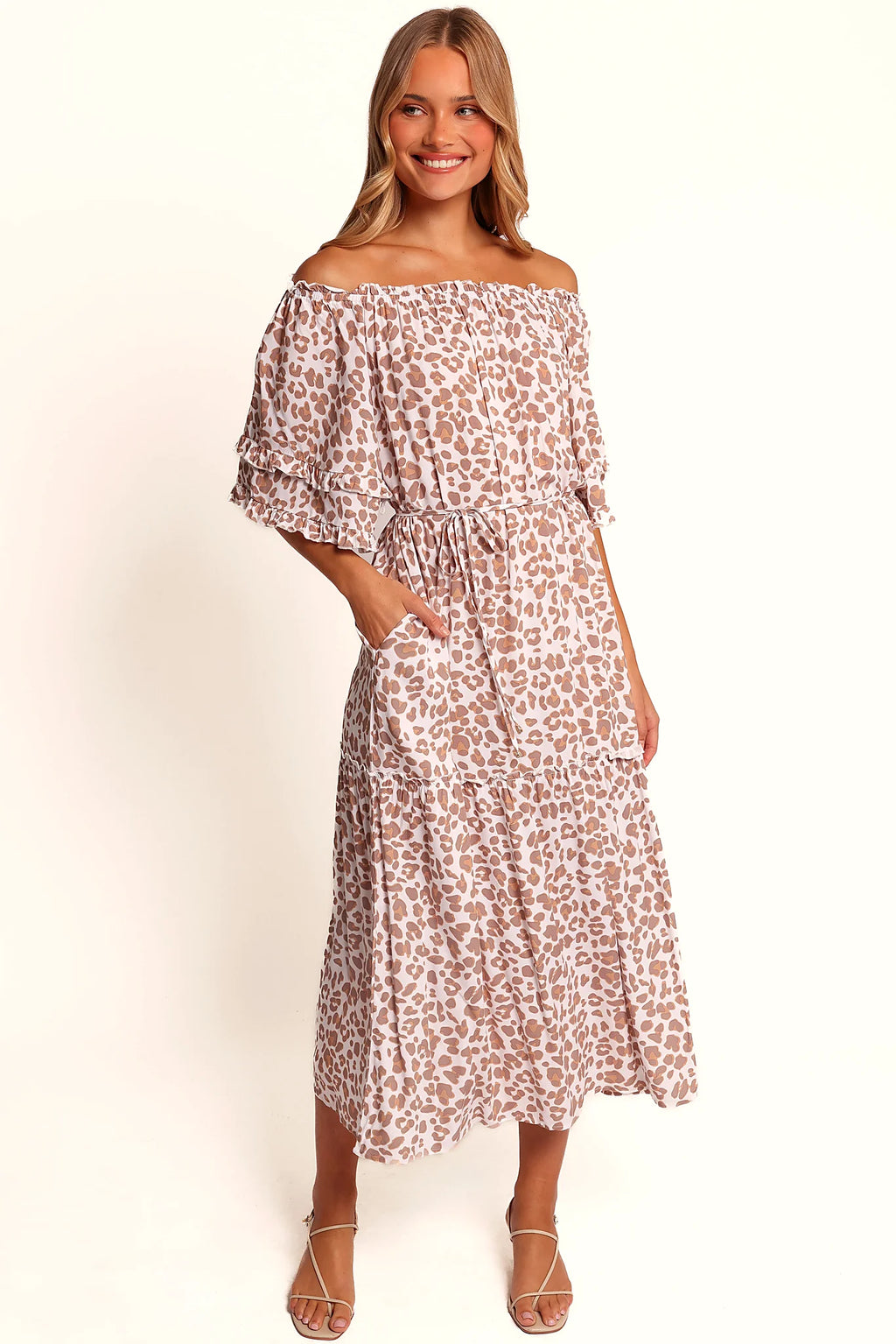 Rhody Off Shoulder Maxi Dress - White Leopard