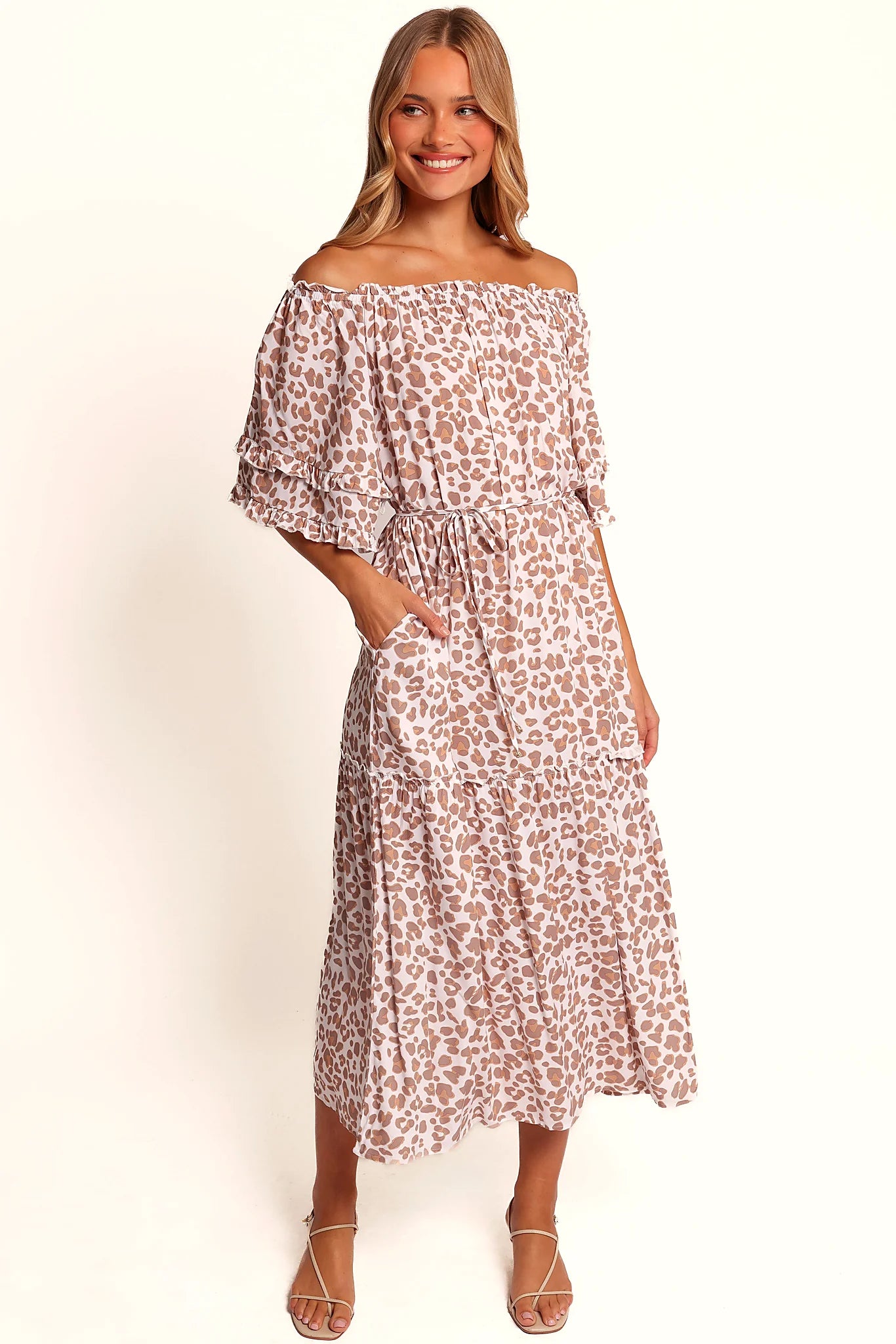 Rhody Off Shoulder Maxi Dress - White Leopard