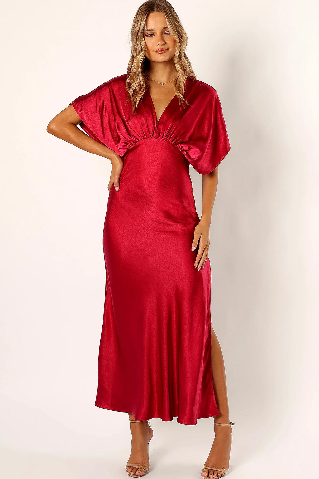 Ruby wine satin maxi dress with v neckline and clasp close