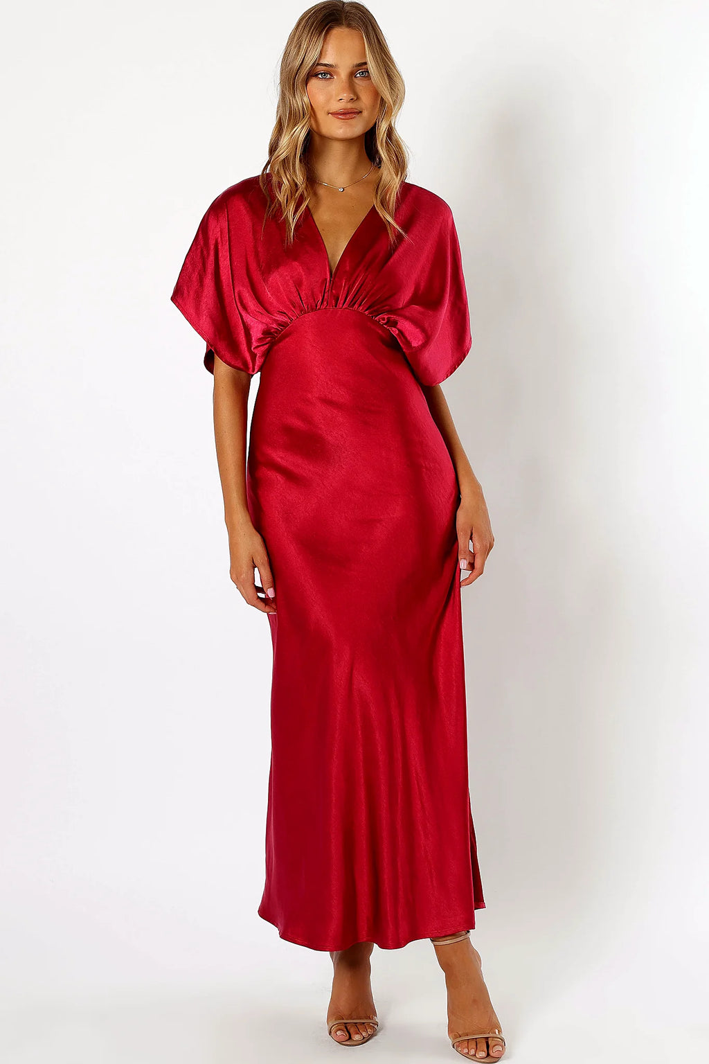 Short butterfly sleeves and side split on a wine satin maxi dress