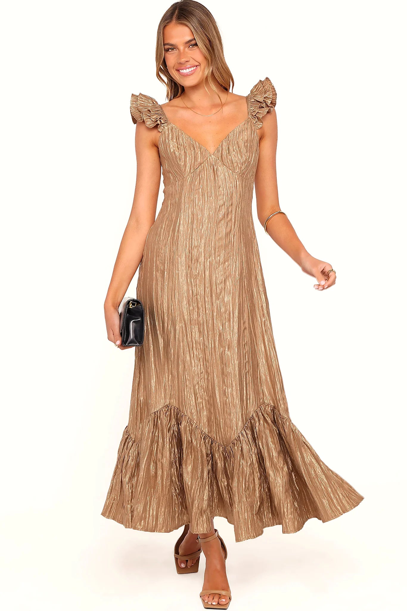 Ruffle hemline on a bronze midi dress