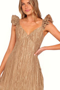 Bronze midi dress with v neckline and thin ruffle straps
