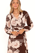 Brown floral wrap dress with overlay v neckline