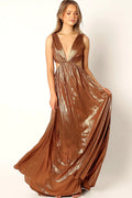 Metallic bronze pleated maxi dress with v neckline
