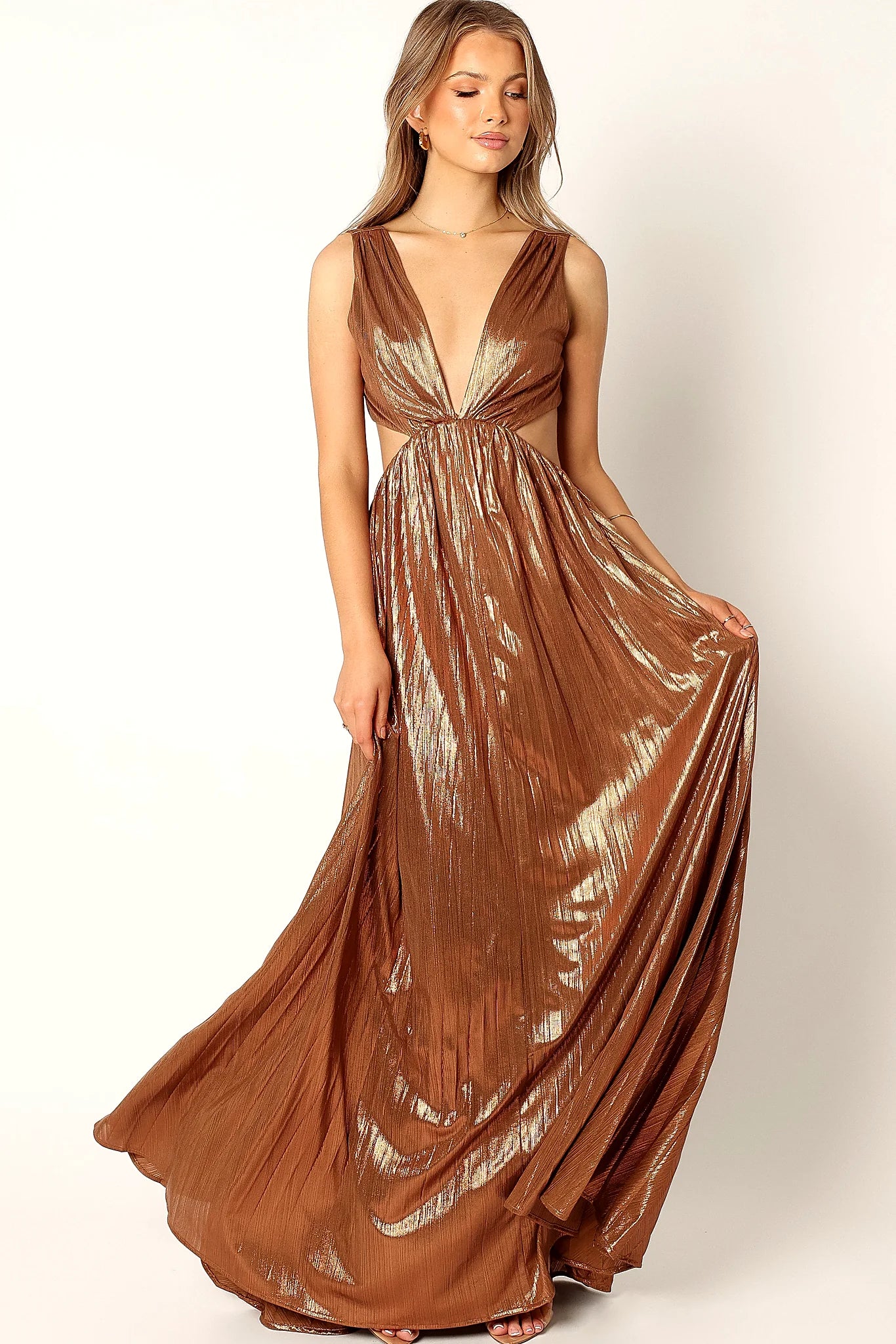 Metallic bronze pleated maxi dress with v neckline