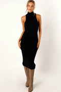 Black mock neck sleeveless knit midi dress