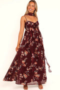 Berry floral maxi dress with sweetheart neckline and thin straps