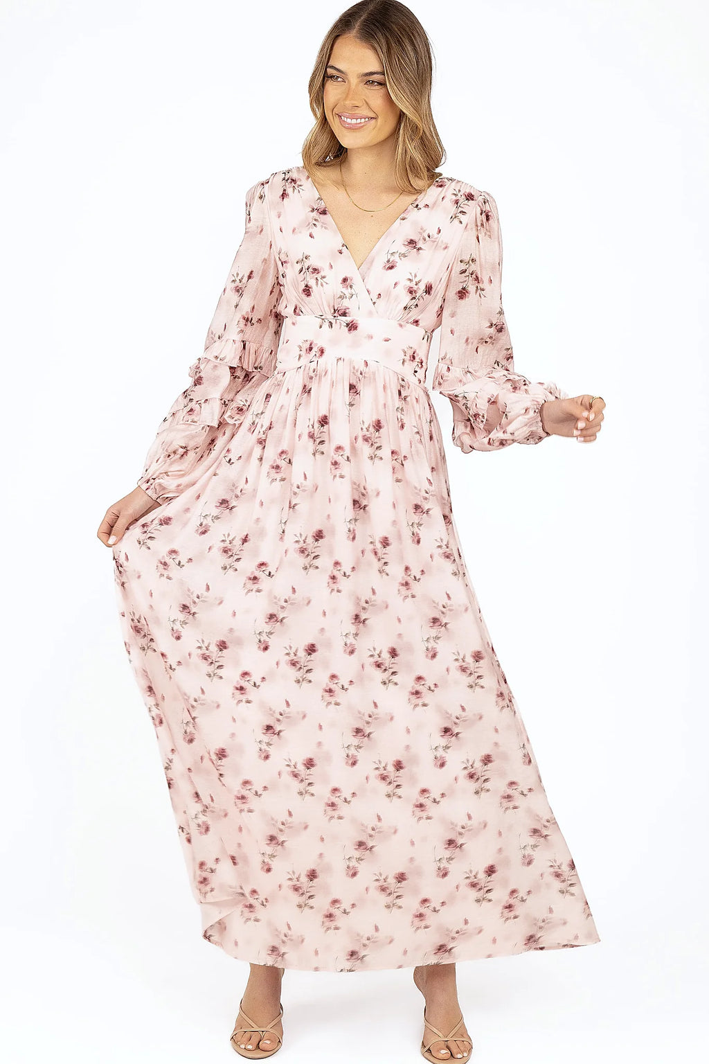 Pink rose floral maxi dress with v overlay neckline