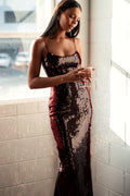 Burgundy sequin maxi dress with scoop neckline and thin straps