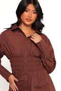Chocolate mini shirt dress with spread collar and v neckline
