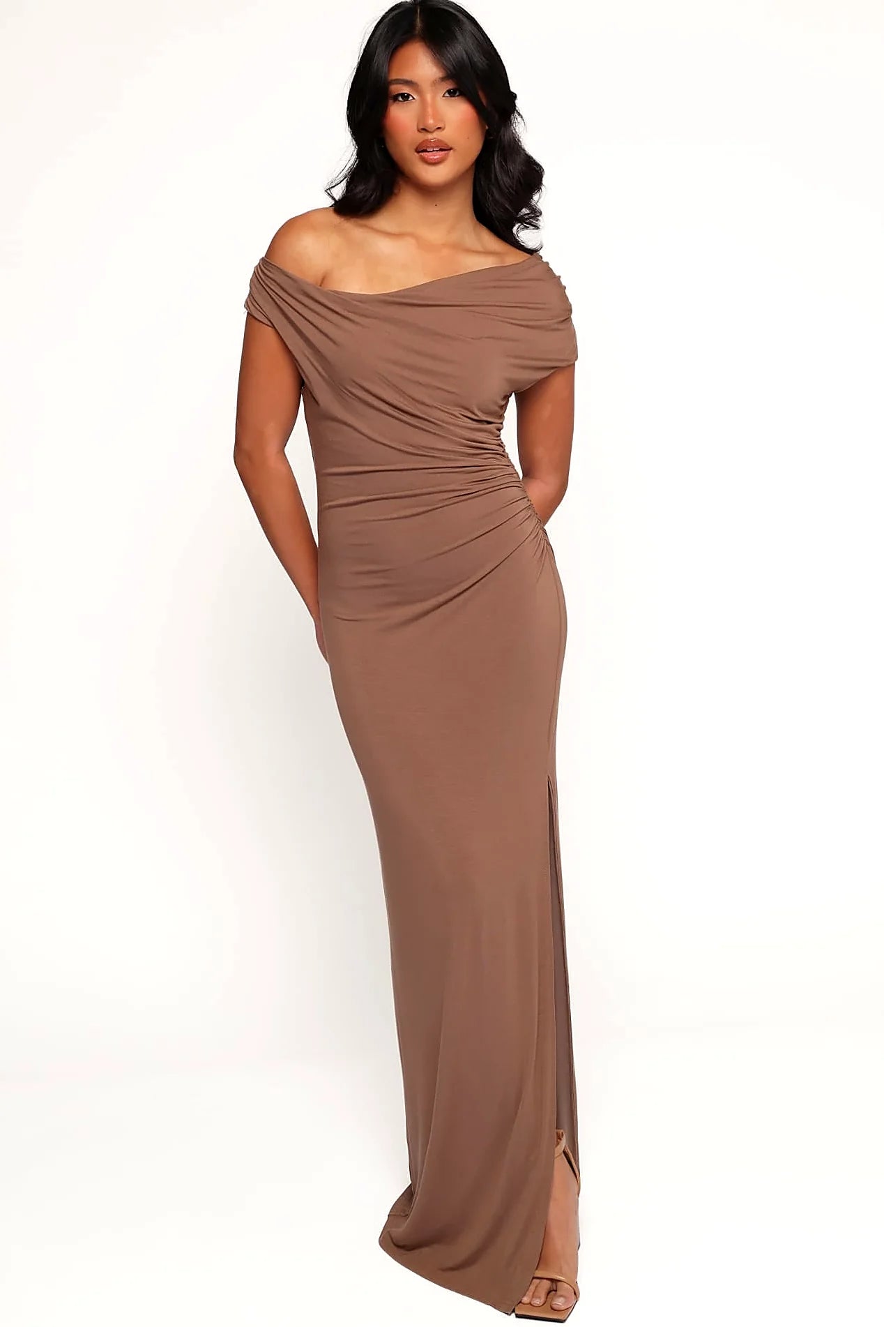 Mocha one shoulder maxi dress with asymmetrical neckline